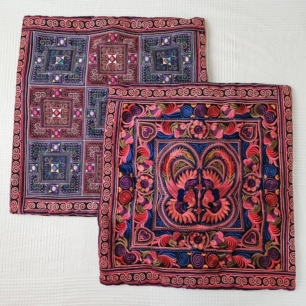 2pc Boho Embroidered Throw Pillow Shams Square Black‎ Multicolor